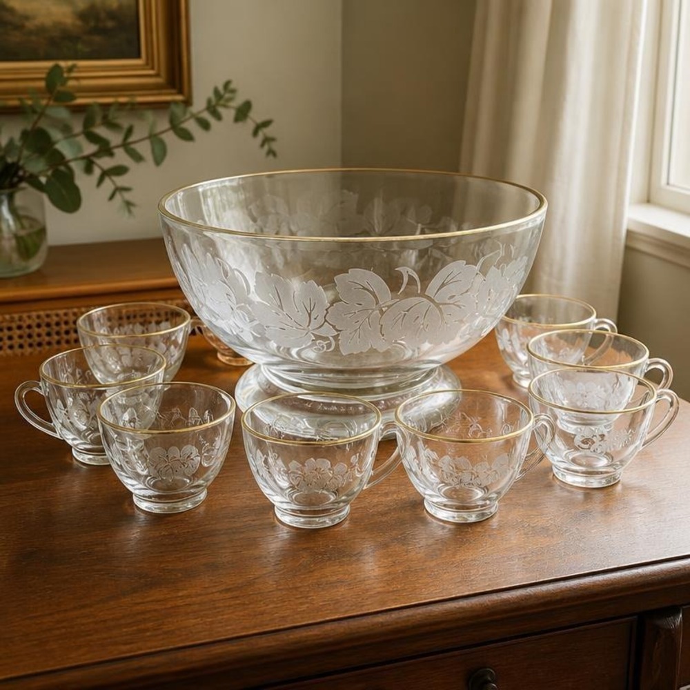 Vintage Glass Punch Bowl Set, Anchor Hocking Gold Rim, Mid Century Entertaining